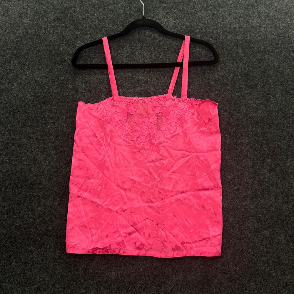 Vintage 80s Hot Pink Floral Satin Camisole Lace Trim Embroidered Top Large